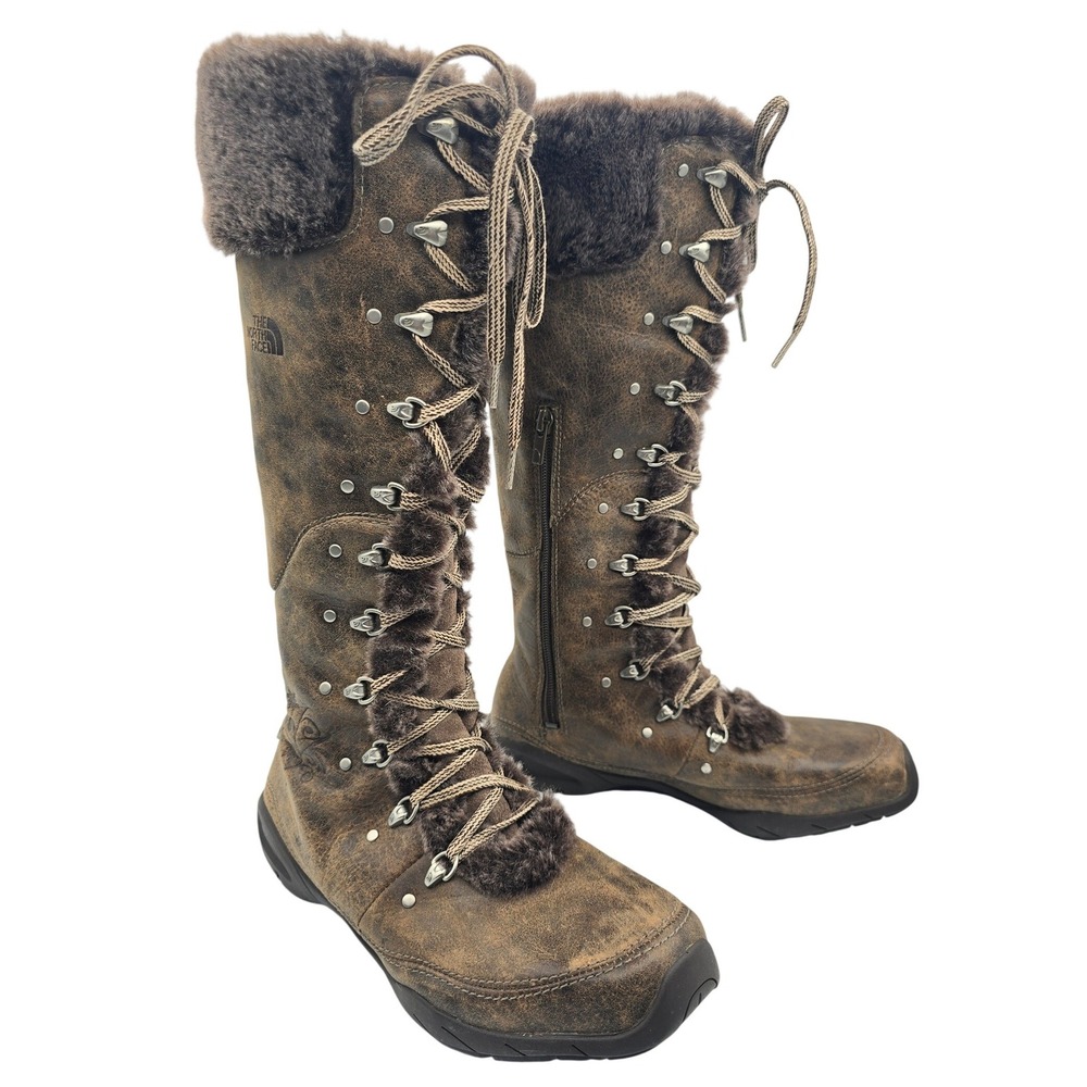 The North Face Adrianne IV Tall Brown Leather Winter Boots Womens 8 PrimaLoft
